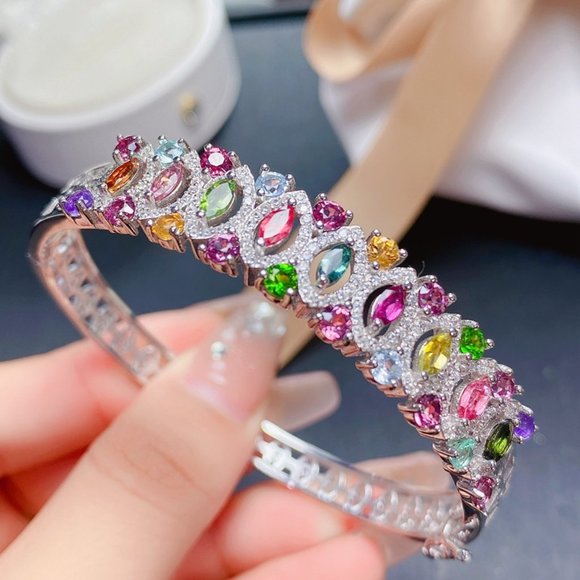 NEW 925 STERLING NATURAL MULTI COLOR TOURMALINE BANGLES 7' - Picture 4 of 5